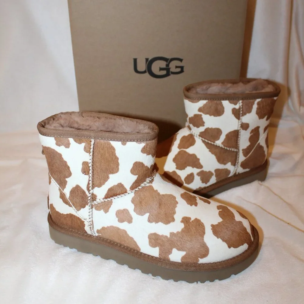 NIB‎ UGG WOMEN'S CALF HAIR PRINT MINI ANKLE BOOTS SAND WHITE